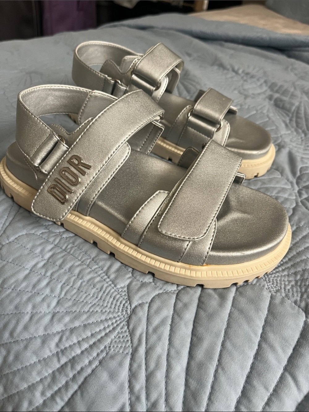 Dior Metallic Silver Velcro Strap Sandals with Beige Sole